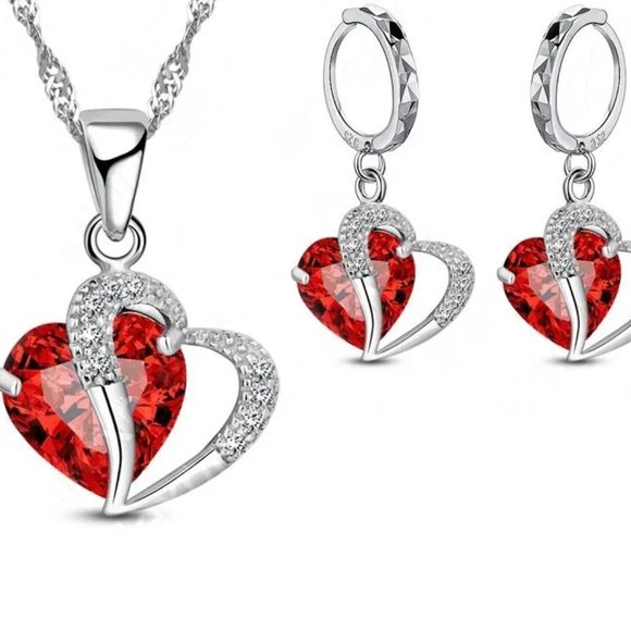 ⭐4pc Bundle Sale⭐ Red Diamond Hearts Pendant, Earrings & 18" Chain 925 Silver - Picture 3 of 3